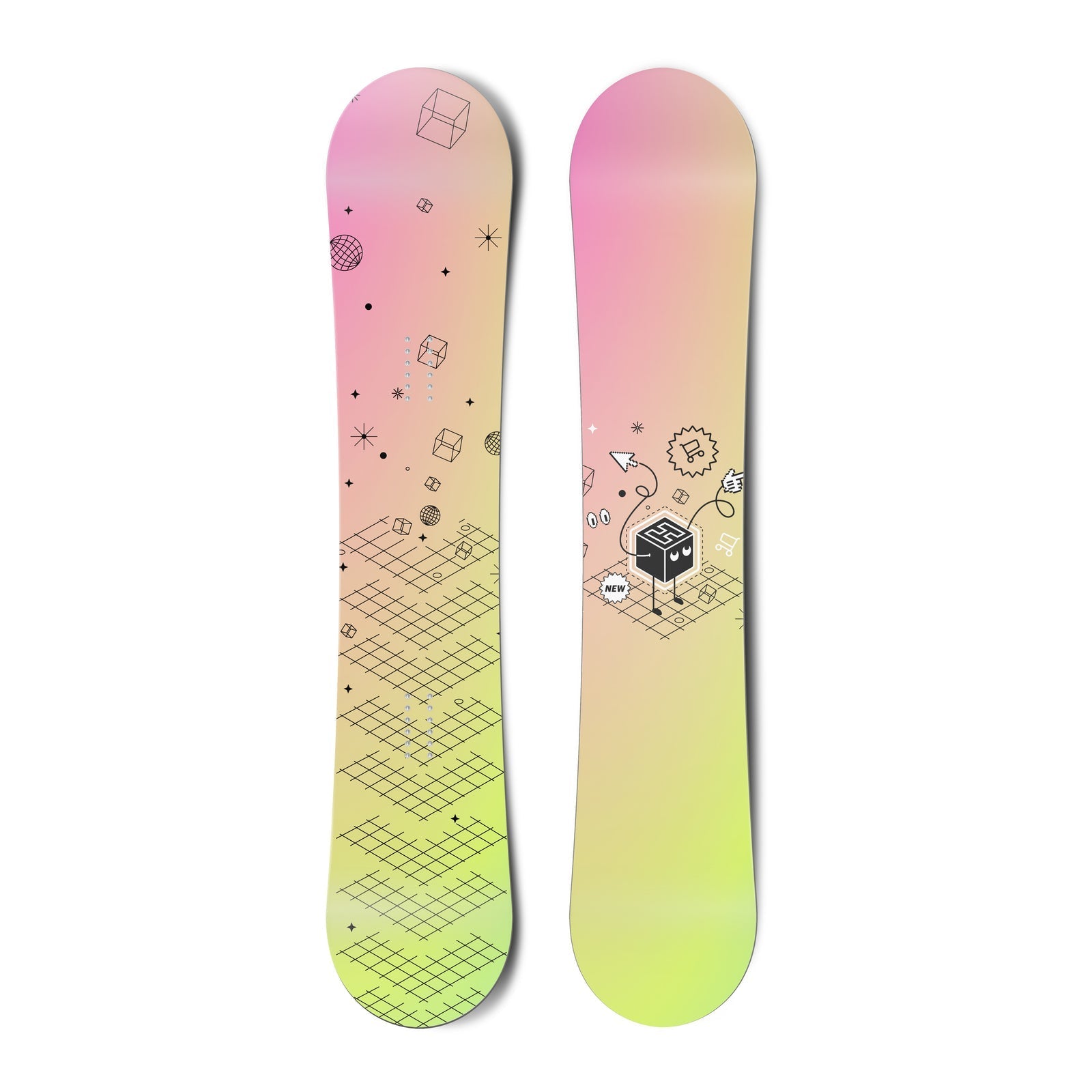 Top and bottom view of a snowboard. The top view shows an illustration with varied outlined shapes
          in black. The bottom view shows a black box character with an H pointing, and surrounded by black outlined
          illustrative elements.