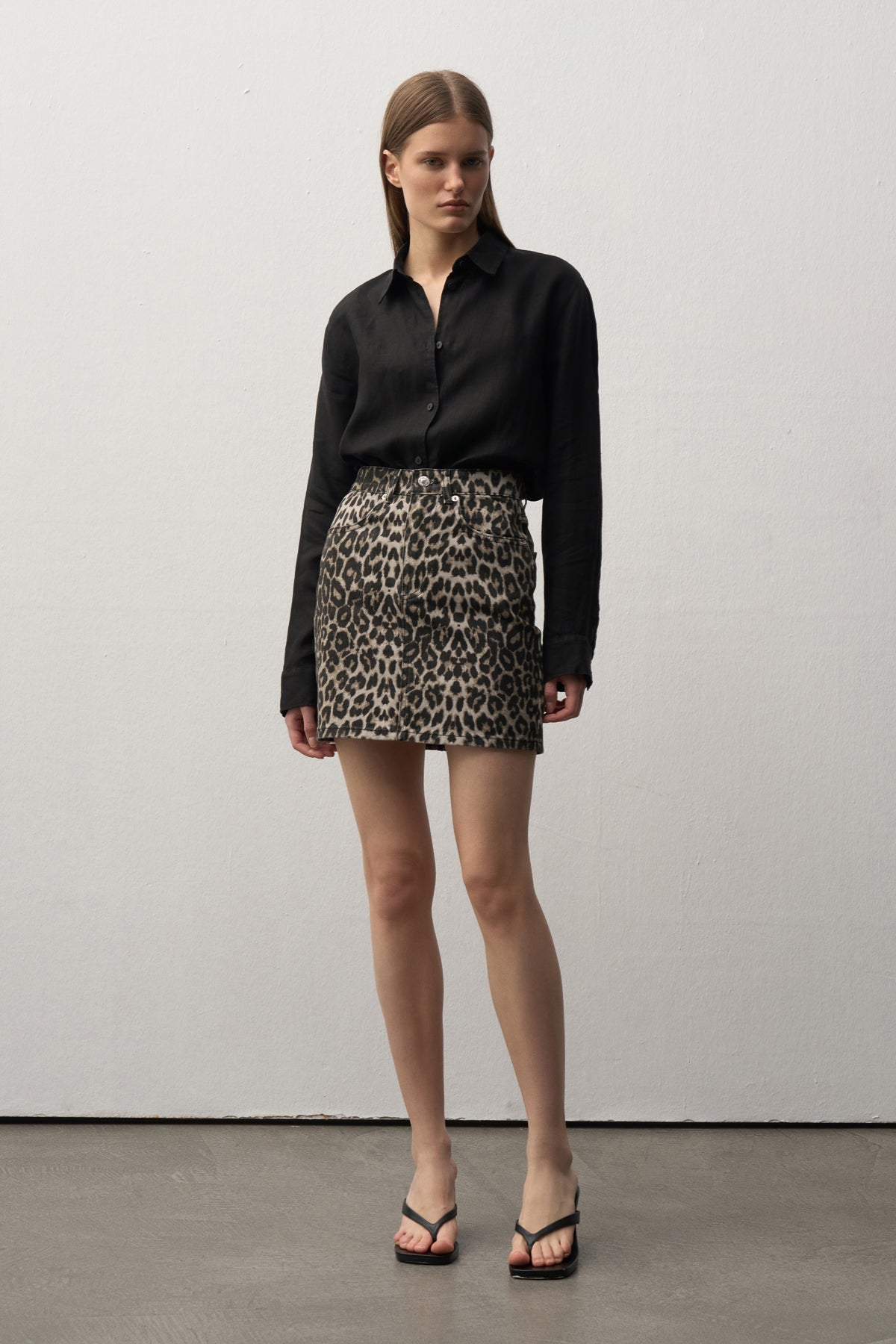 Leopar Desenli Denim Mini Etek
