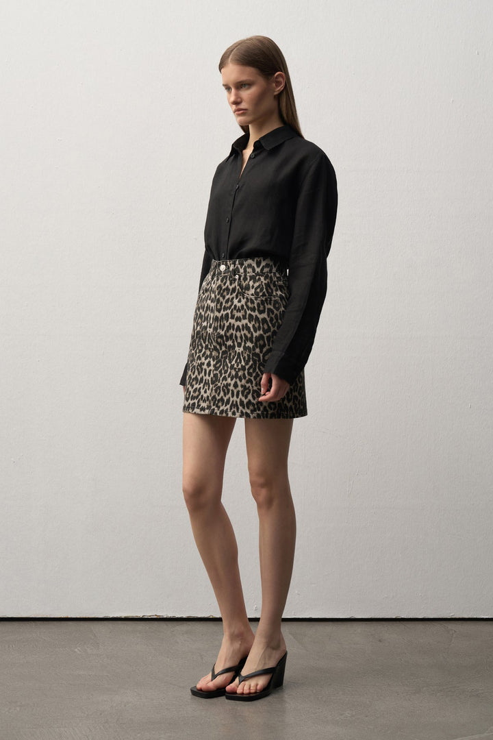 Leopar Desenli Denim Mini Etek